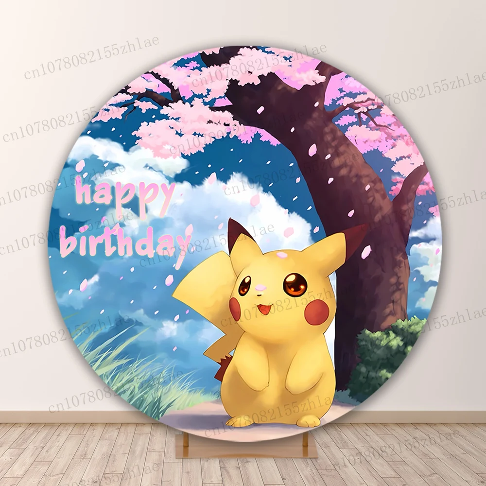 Toile de fond photo ronde Pokemon Pikachu, fond de photo de fête d'anniversaire, bannière de douche de bébé, toile de fond de photographie