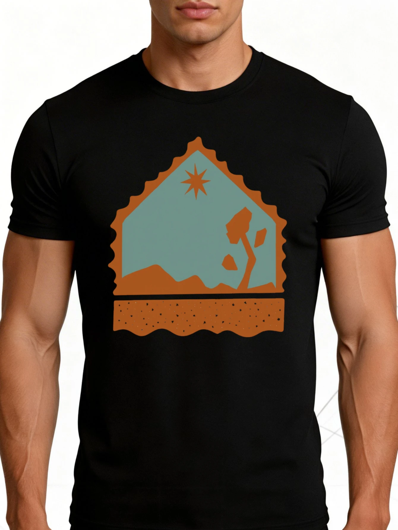 Men's Graphic T-Shirt - Breathable, Soft, Lightweight - Desert Landscape with Stars and Plants - Vintage Fun Pattern Casual Short Sleeve Summer Top, Gift for Him