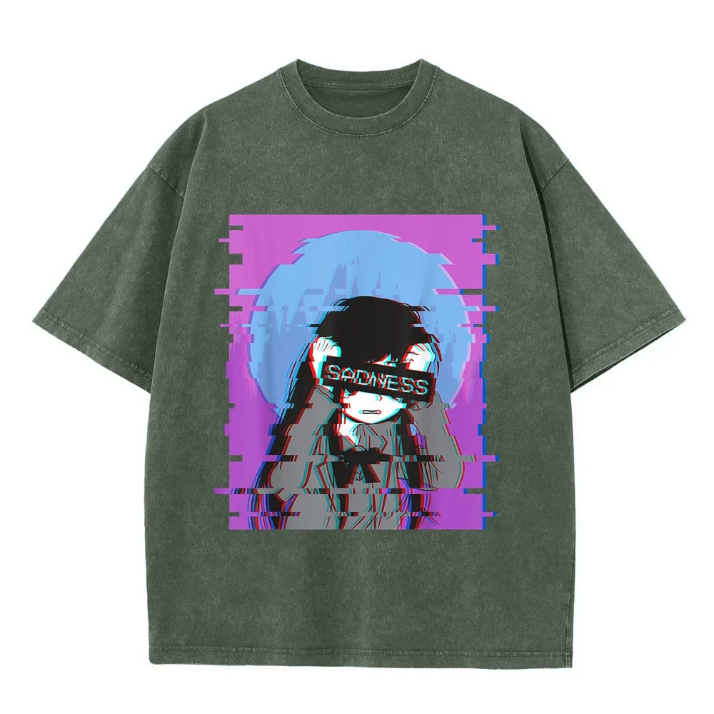 Sad Anime Girl Japanese Aesthetic Vaporwave Otaku T-Shirt Top Clothing Y2k Large Printed Cotton Purple Short Sleeve Tee Men