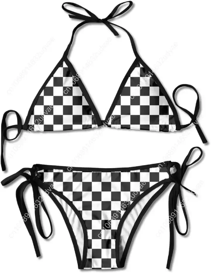 

Checkered Flag Pattern Boxing Bikini Women Halterneck Top and Set Swimsuits Beach Swimming, Black