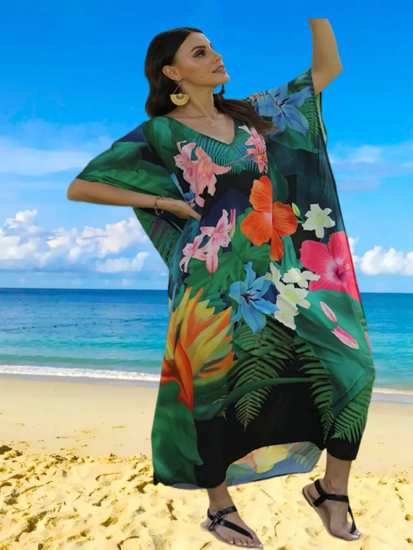 فساتين قفطان للنساء مقاس كبير بدلة استحمام تغطي فتحة رقبة على شكل حرف V فستان جناح الخفّاش فضفاض مناسب فساتين قفطان مغربي مومو