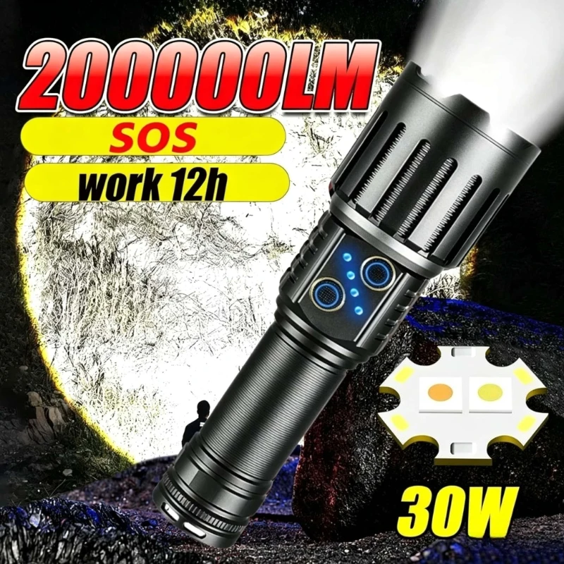 Dual Light Source LED Flashlight High Power Rechargeable Zoom Waterproof Power Display Tactical Torch Outdoor Camping Fishing