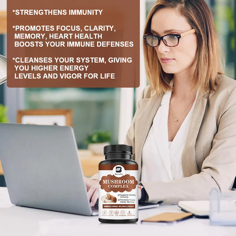 BEWORTHS Chaga,Reishi and Lion\'s Mane Mushroom Complex Capsules for Focus and Memory Health Relief Stress Dietary Supplement 