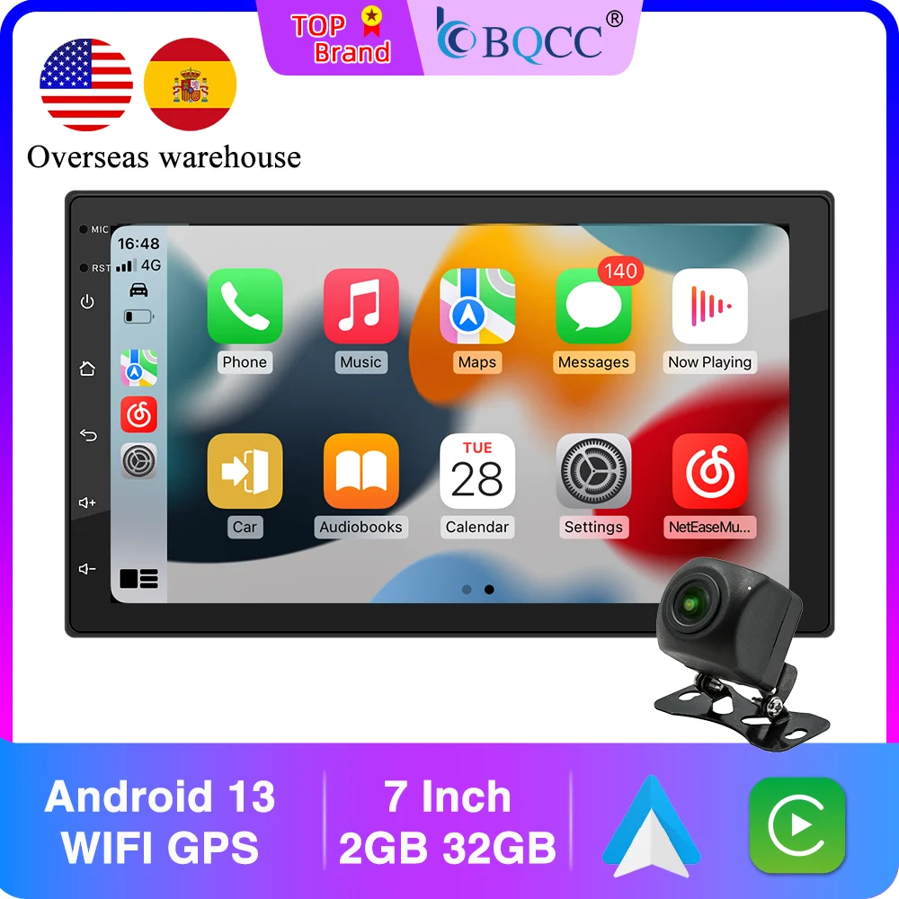 BQCC 7 "رباعية النواة RAM ROM 2GB 32GB أندرويد 13 ASP 16EQ WIFI GPS الملاحة راديو السيارة Mirrorlink Carplay Car Palyer لـ Universal