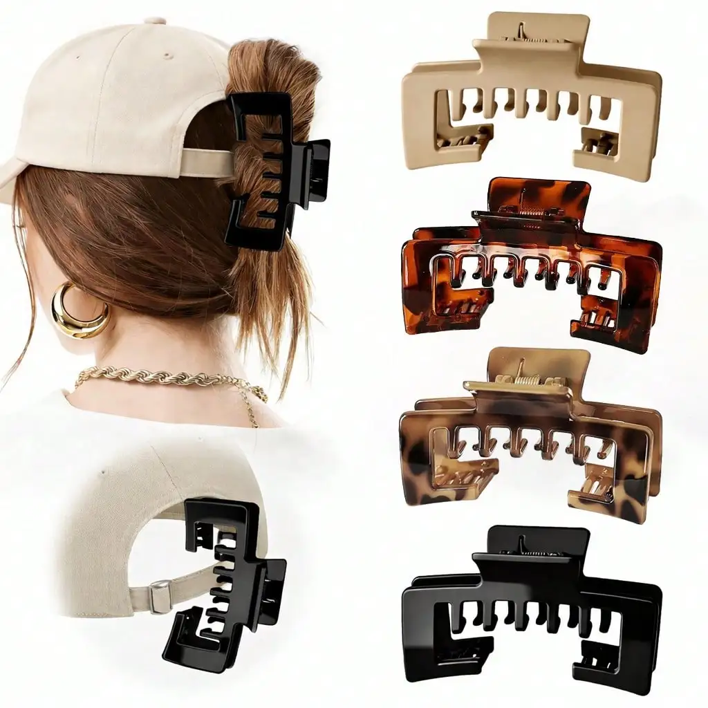 4pcs/1pc Women's 4.13 Inch/10.5cm Large Light Leopard, Beige, Red Leopard, Shiny Black Baseball Cap Hair Claw Clip Trucker Hat Hair Clip, Suitable For Thick Hair Cap Hairstyles, Gift Hair Accessories,