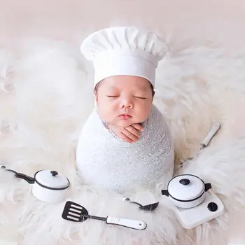 Accessoires de photographie pour bébé, petit chapeau de Chef, enveloppe extensible blanche, petit cuisinier, accessoires créatifs pour photographie de nouveau-né