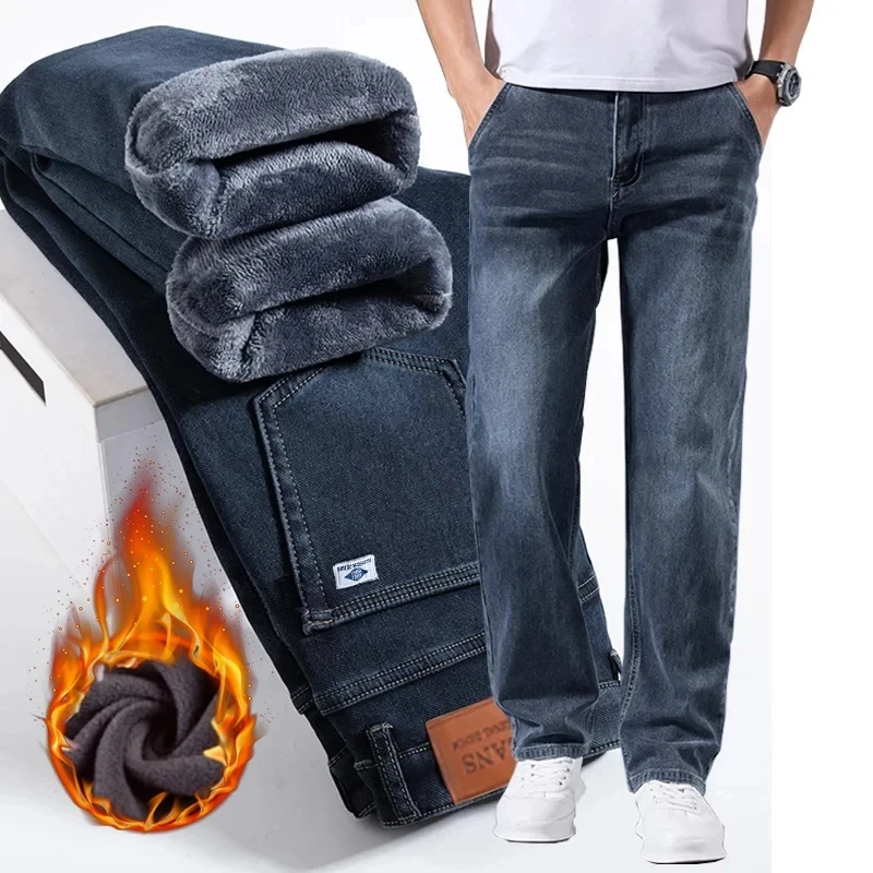 Winter Fleece Männer Jeans Dicke Stretch Business Casual Hosen Klassische Lose Gerade Warme Samt Denim Hosen Büro Täglichen Verschleiß