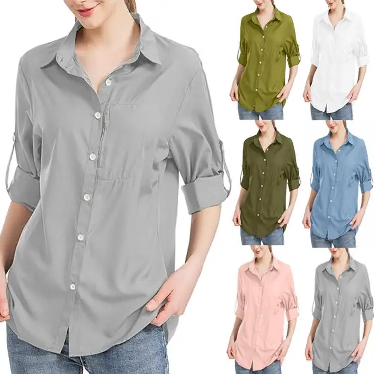 

Women's Zipper Pocket Shirt Commute Style Long Sleeve Pure Color Non-stretch Fabric Women's Fashionable Zipper Pocket Blouse