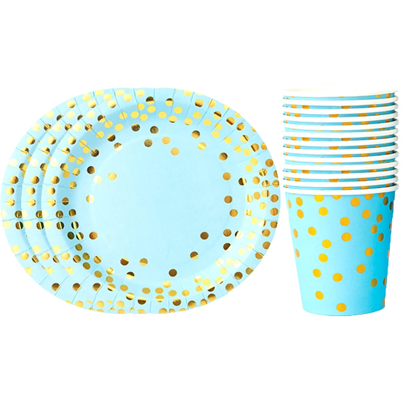 

Gold Blue Disposable Tableware Set Paper Plates Cup Baby 1st Birthday Party Decor Baby Shower Girl Party Supplies Set