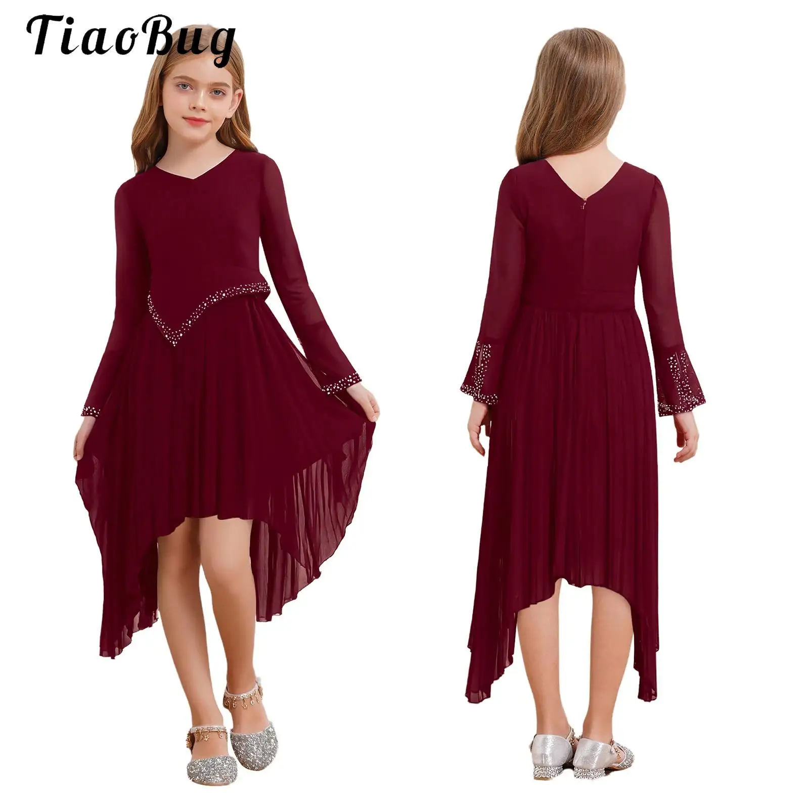 

Children Flower Girls Dress Elegant Long Sleeve Hi-low Hem Prom Gown Rhinestone Chiffon Princess Formal Wedding Party Dress