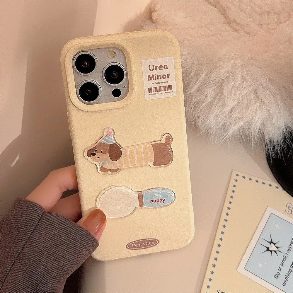 Cute Cartoon Stereoscopic Dachshund Dog Spoon Cover Case for iPhone 16 15 14 13 12 Pro Max Plus Shockproof Protective Phone Case