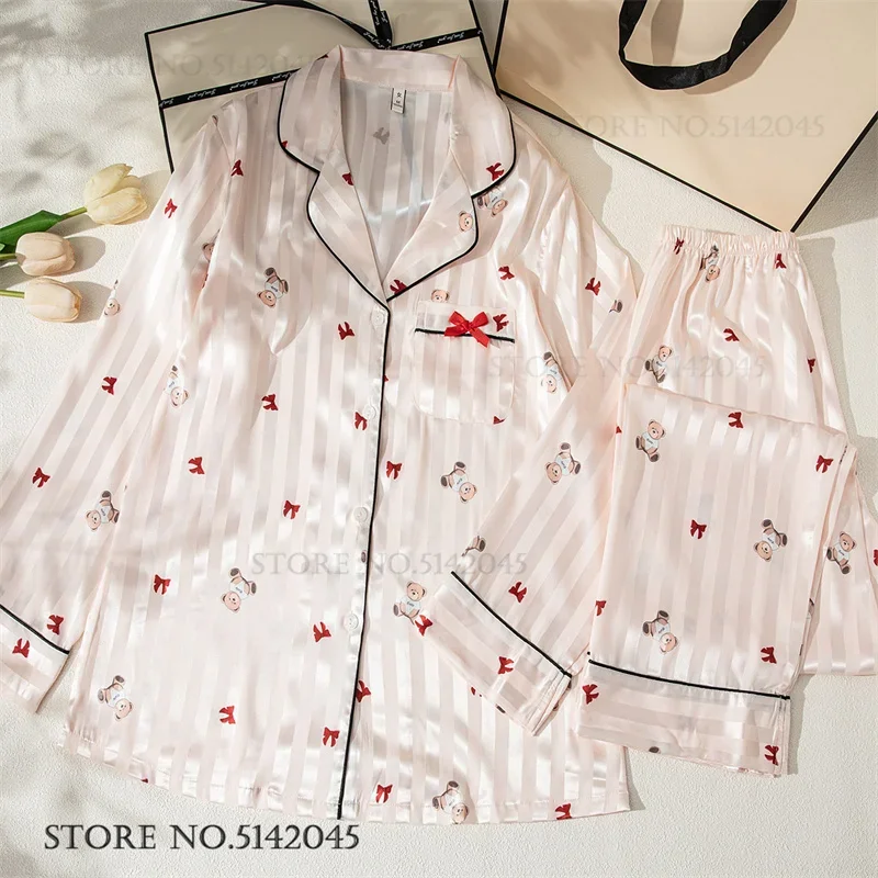

Cute Cartoon Womens Pajamas Set Loungewear Spring Autumn New Sleepwear Long Sleeve Trouser Suit Pijamas Loose Silk Satin Pyjama