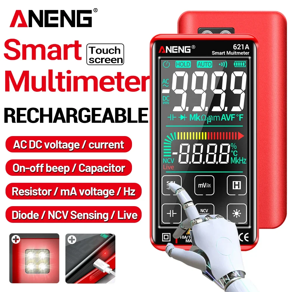 Digital Multimeter Rechargeable ANENG 621A Smart 9000 Counts AC DC Voltage Current Capacitor Diode NCV Sensing Multimetro Tools