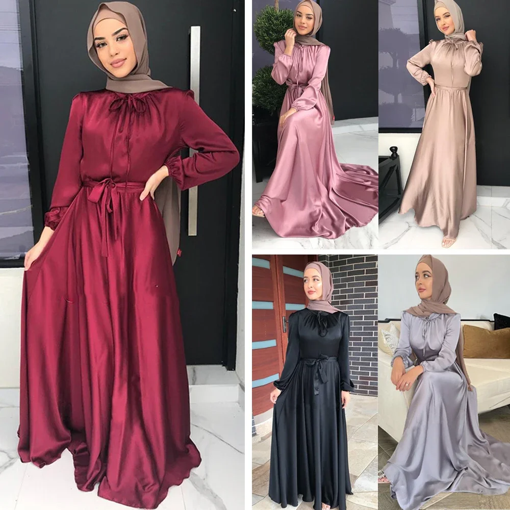 Eid Ramadan Elegant Muslim Women Maxi Dress Satin Turkey Middle East Dubai UAE Arab Maxi Robe Gown Abaya Islamic Clothes Caftan