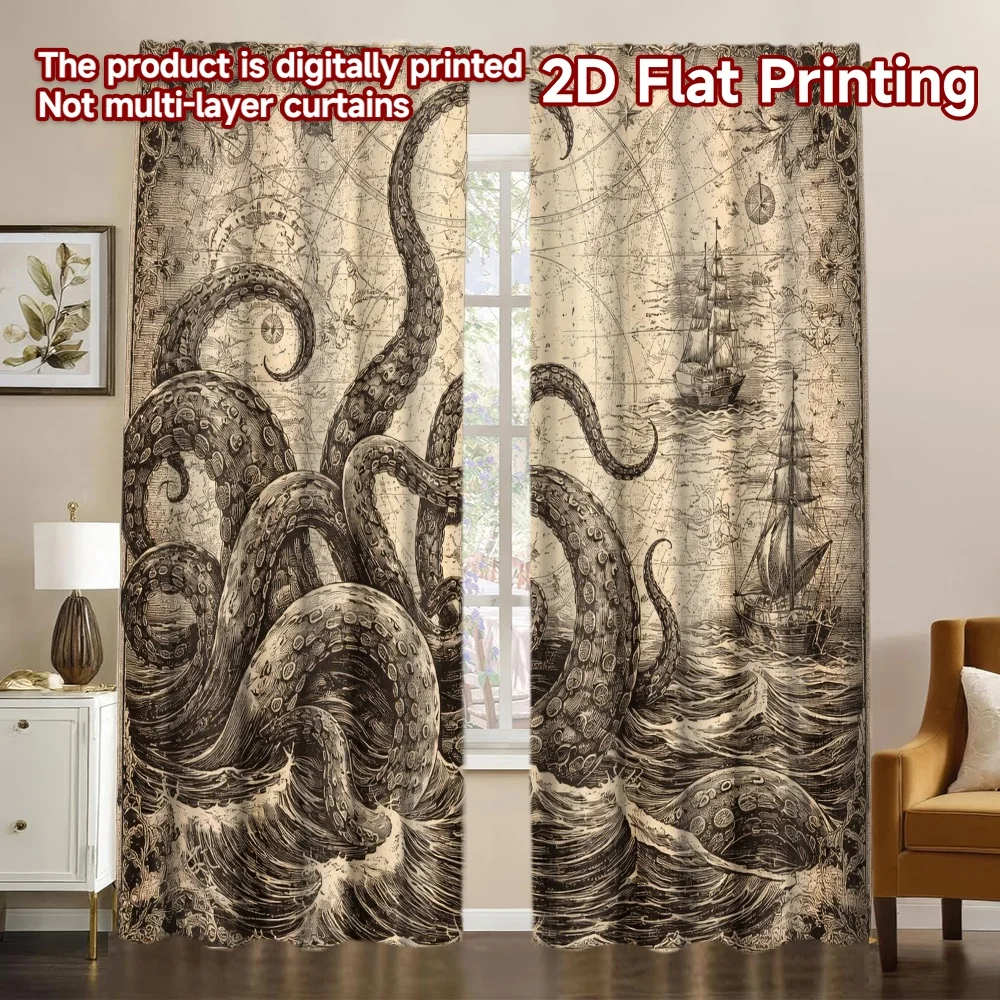 2D FLAT PRINTING 2 Stück Vorhänge (ohne Stange) Riesiger Oktopus und Schiffe (2) Moderne Vorhänge und Gardinen Langlebige Polyester-Vorhänge