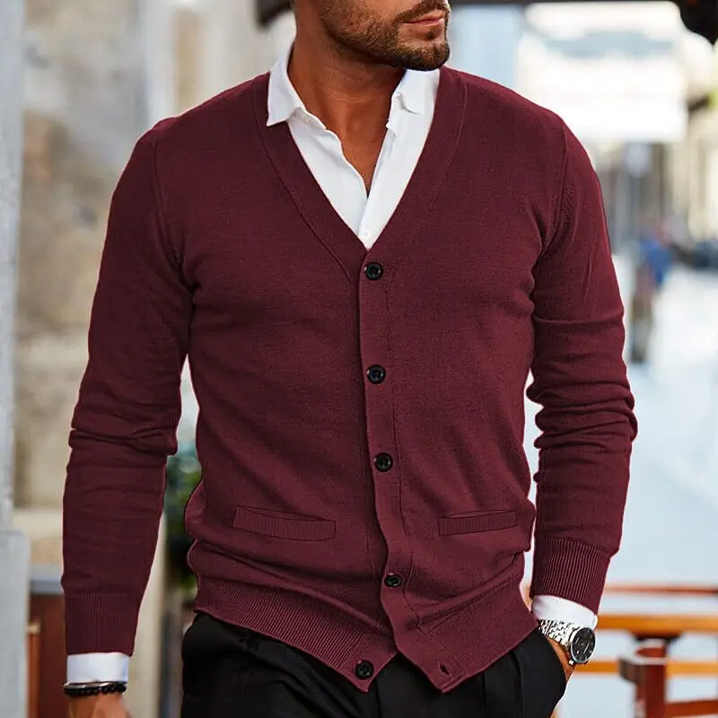 Cross border Men's Wear with Bilateral Pockets, New Knitwear for Autumn and Winter, V-neck Long Sleeve Slim Fit Sweater,