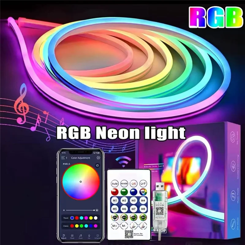 AT05-RGBIC LED Strip Lights DC5V Neon Rope Light With Music Sync DIY RGB Atmosphere Light Strip Tape For Home Decor Lighting 5 M