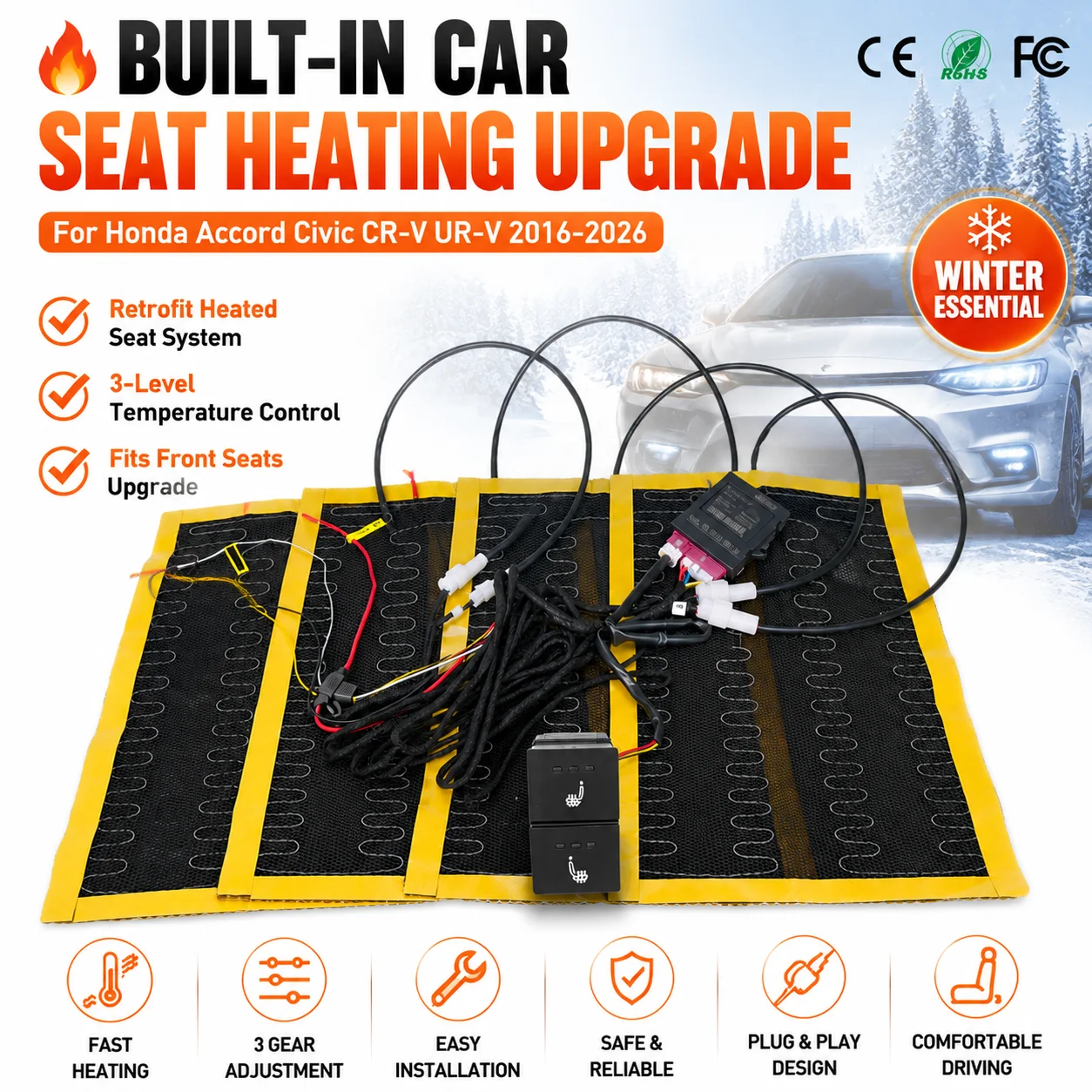 Car Seat Heating Kit Winter Seat Heater Retrofit Upgrade 3 Level Temperature Control For Honda Accord Civic CR-V UR-V 2016-2026
