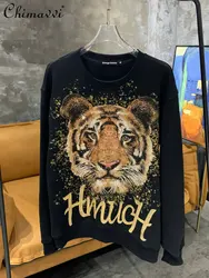 Ladies Trendy Tiger Head Hot Drilling Black Pullover Sweatshirt Women's Autumn Fashion Elegant Streetwear Round Neck Hoodie Top