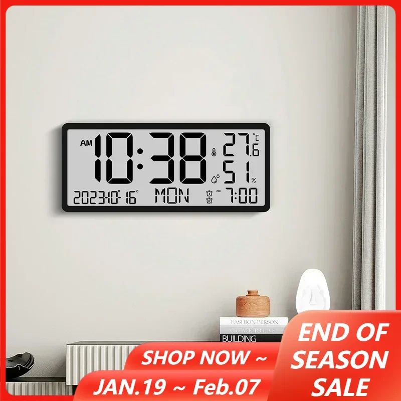 Large Digital Wall Clock with Temp Humidity Date Time Week Dual Alarms Display Modern Design Multi-function Electronic LCD Clock