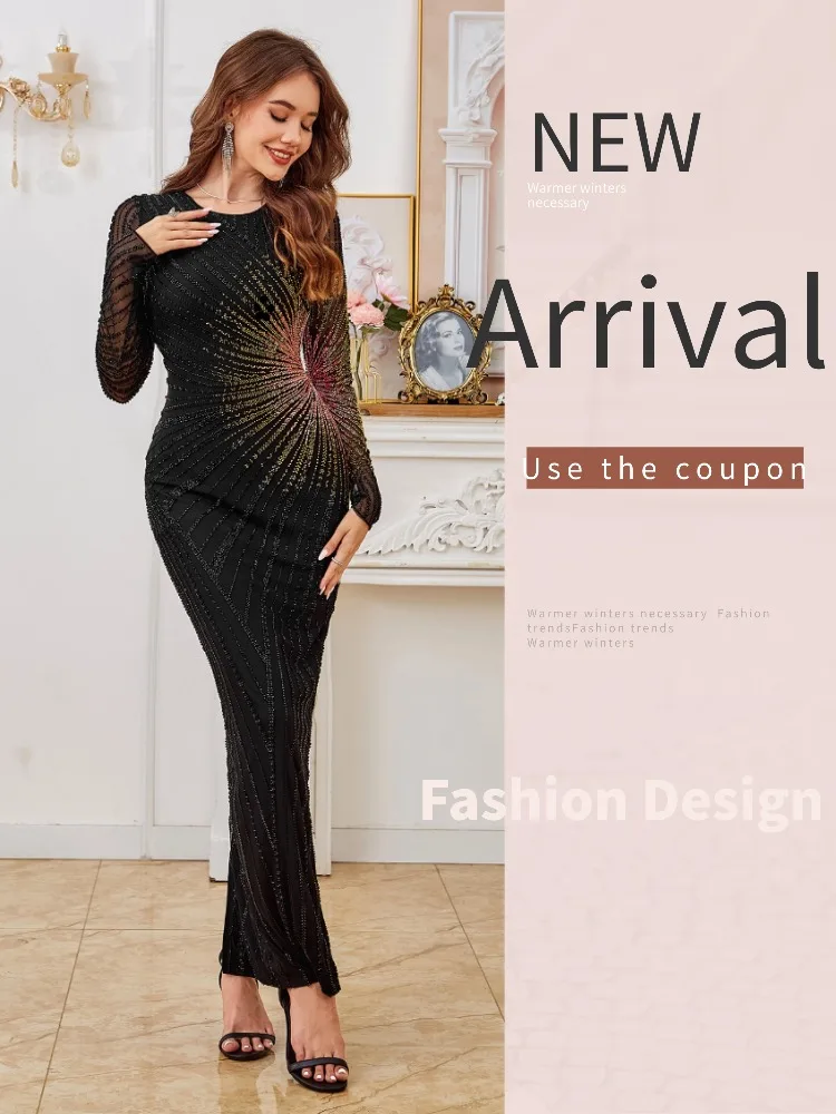 MISICHAO Black Sequin Evening Dress Women Long Sleeve Mesh Bodycon Maxi Dress with Gradient Sparkle Formal Party Prom Gown