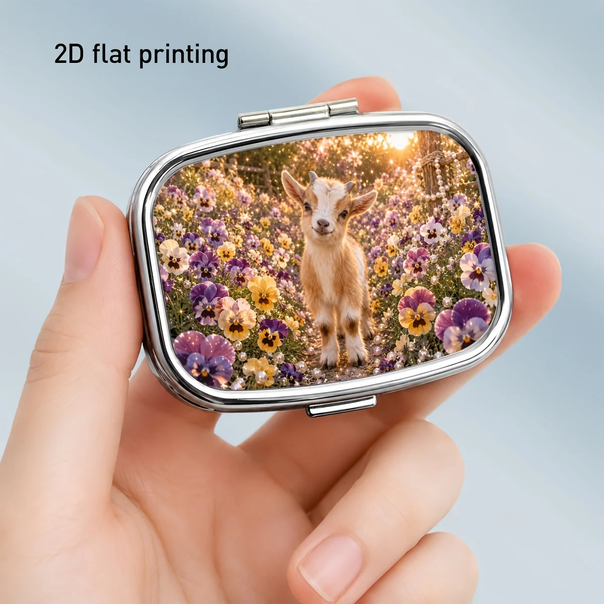 Deer Garden Floral Morning Light Pattern Square Metal Small Pill Box, Two-Compartment Portable Storage Box, Suitable for Organizing Medications, Vitamins, Earrings, Rings, and Small Items, Easy to Carry, Ideal for Travel, Commuting, Home, Outdoor, and On-The-Go, Durable, Beautiful, Creative Gift.