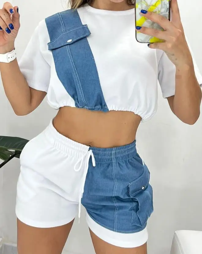 2023 Nova Venda Quente Moda Casual Denim Patch Top de Manga Curta das Mulheres e Shorts de Cordão Set