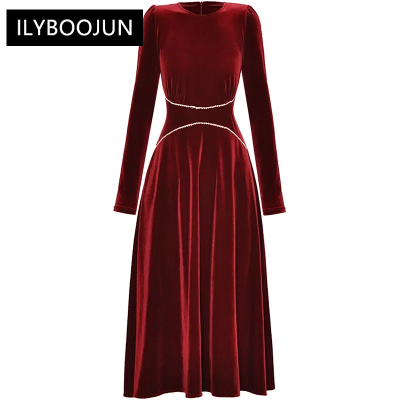 

Autumn Fashion Designer Black Vintage Velvet Dress O Neck Beading Holiday Party A-LINE Slim Midi Dresses For Women 2023 Luxury