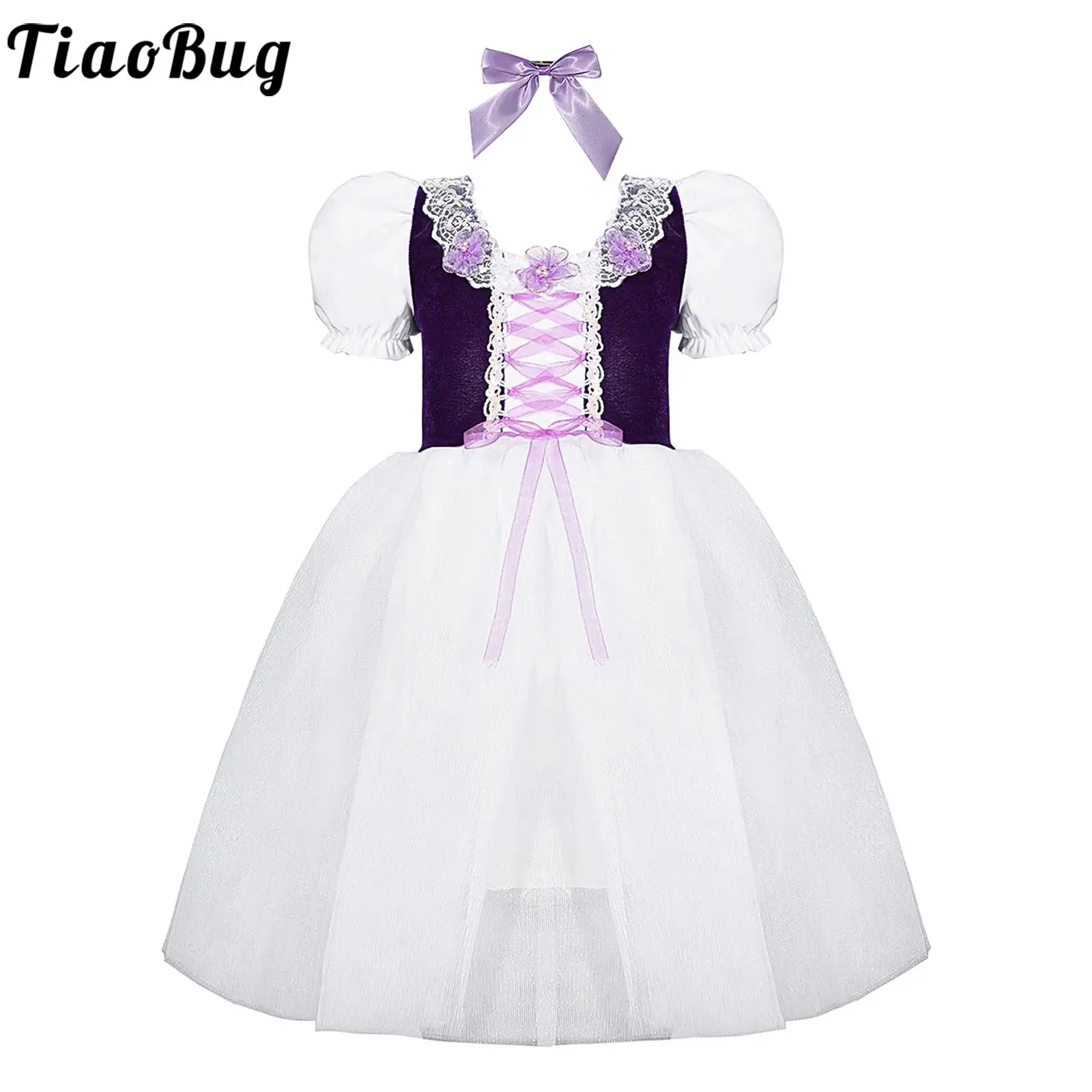 Kids Girls Halloween Princess Cosplay Costume Birthday Party Performance Dancewear Puff Sleeve Lace-Up Tutu Dress Ribbon Bowknot