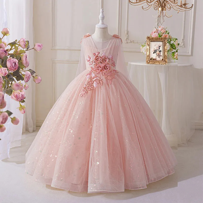 New Elegant Dress for Girls Flower Girl Long Dresses Tulle Formal Party Clothes From 4 to 12 Years
