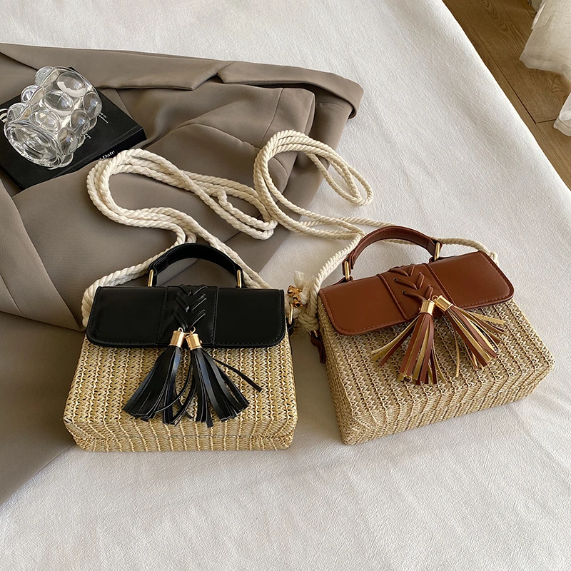 Strand Stroh Umhängetasche für Frauen neue Designer Boho Sommer tasche Pu Leder Handtasche und Geldbörse Reise Umhängetasche – Detail 5