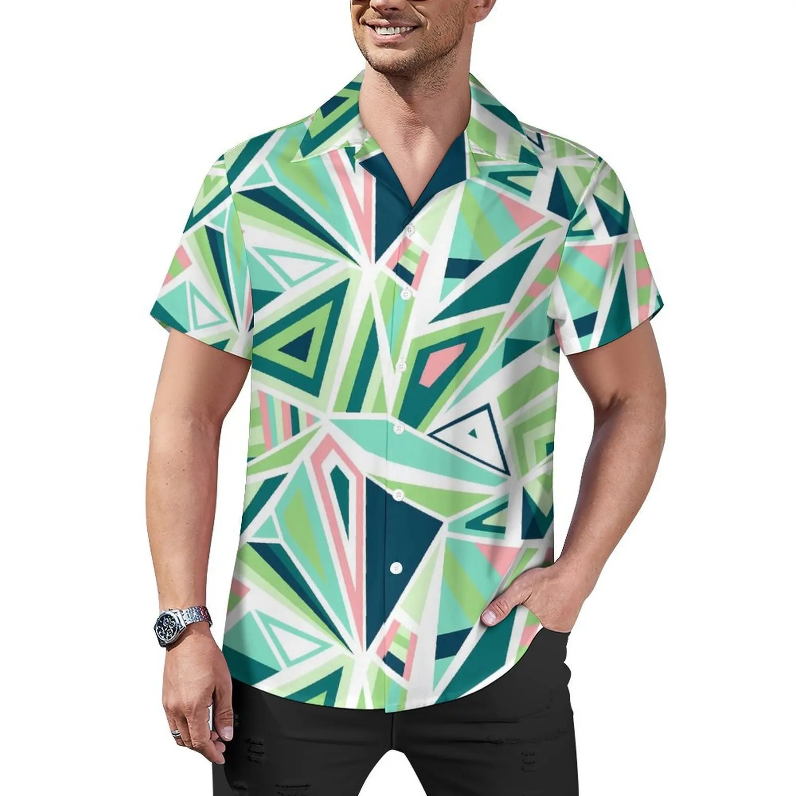 

Color Block Print Beach Shirt Green Triangle Hawaiian Casual Shirts Mens Classic Blouses Short-Sleeved Fashion Graphic Top