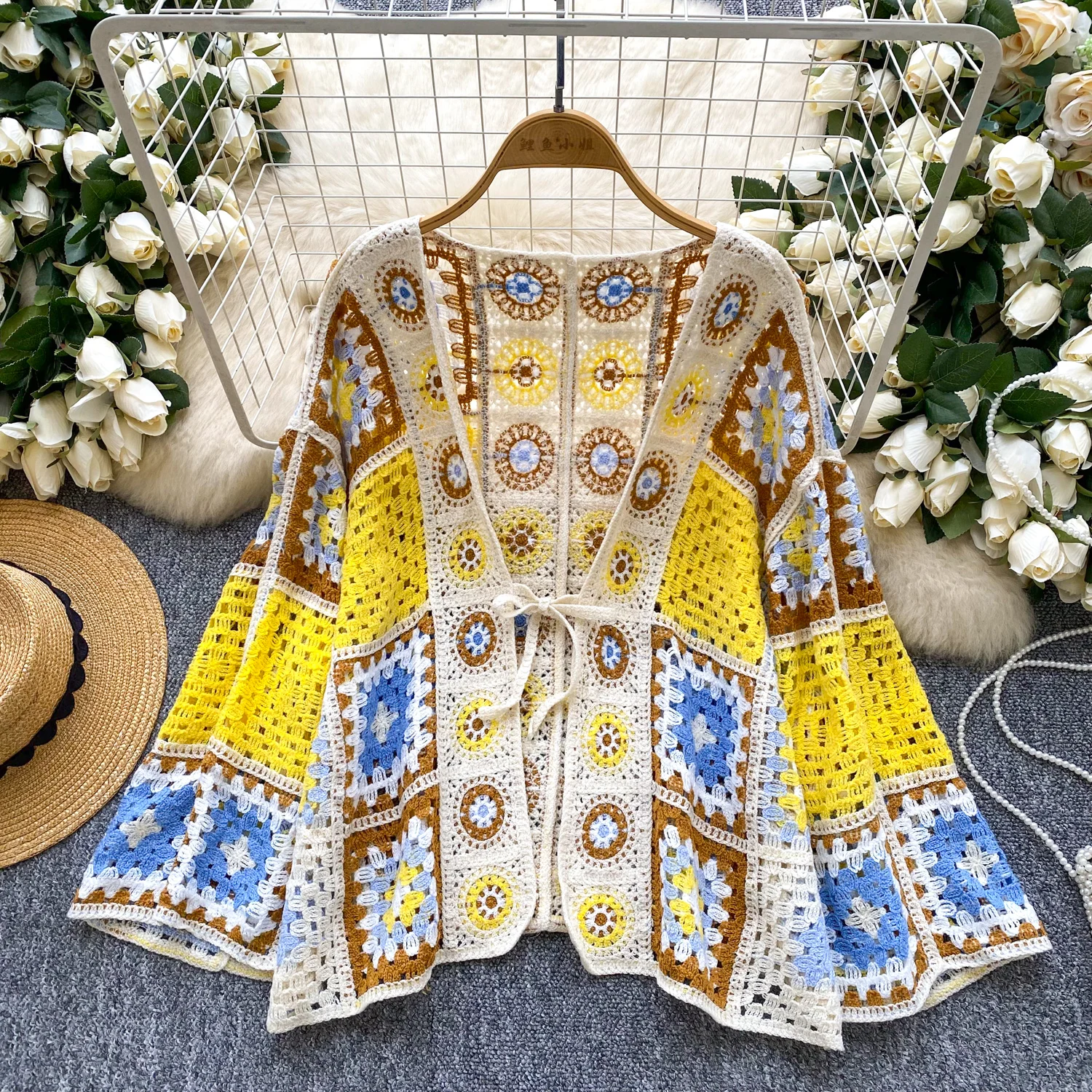 

Bohemian Resort Style Outer Cardigan for Women Casual Hollow Out Long Sleeve Knitted Shawl Geometric Pattern Knit Coat