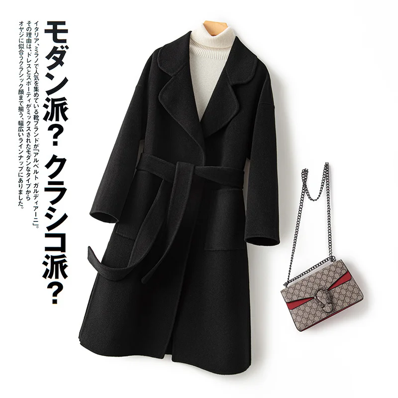 

High end Hepburn style cashmere coat for women loose fitting Korean double-sided woolen coat, pure wool medium length, knee