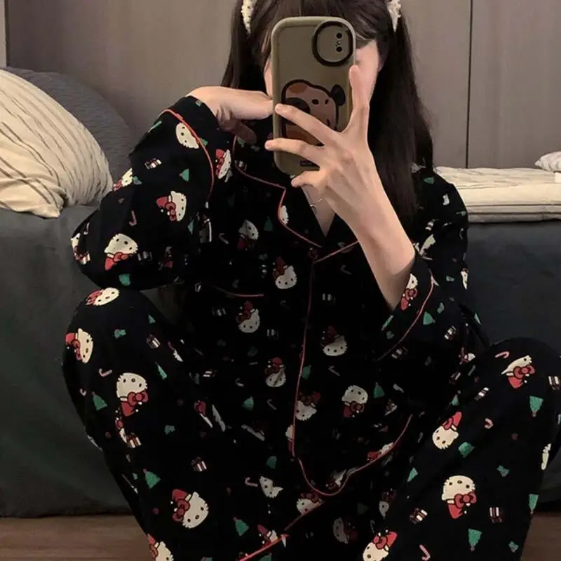 Hello Kittys – ensemble pyjama imprimé pour femmes, printemps-automne, dessin animé, manches longues, pantalon, vêtements de nuit décontractés, tenue de maison