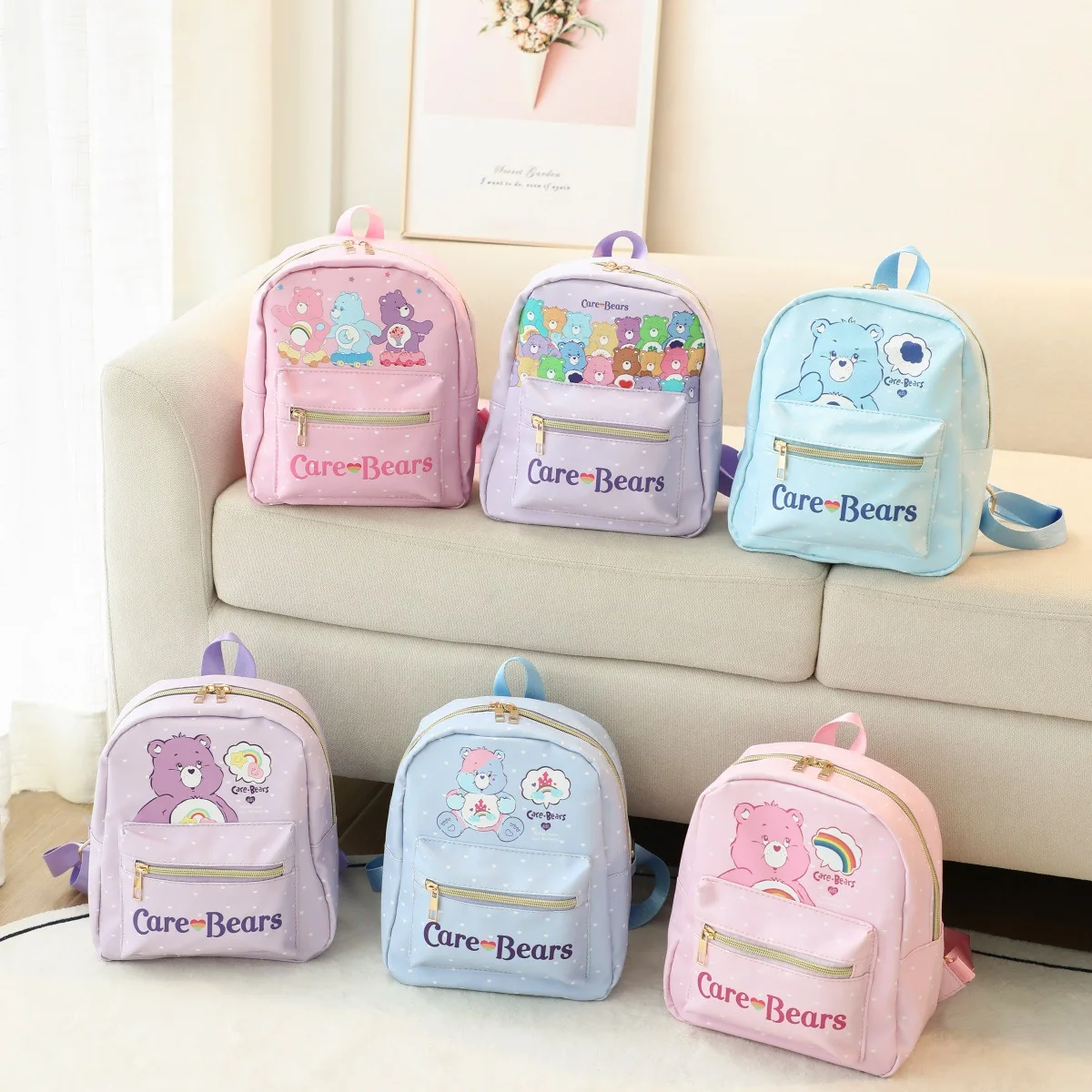 CareBear-Sac à dos en cuir imprimé ours arc-en-ciel pour enfants, dessin animé mignon, étanche, grande capacité, soins décontractés, filles