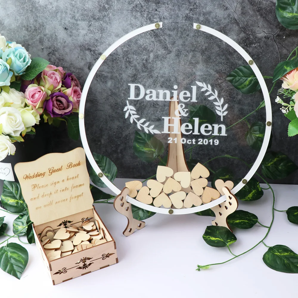 Personalized Wedding Guest Book Acrylic Round Alternative Drop Top Circle Wooden Decoration Name Clear Welcome Sign Guestbook