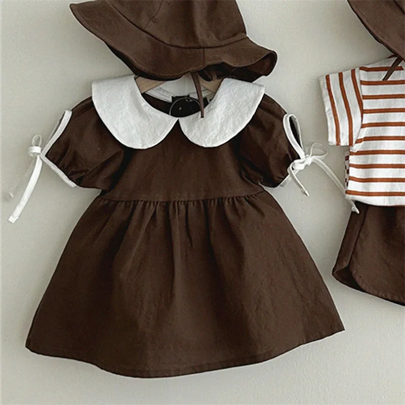 

2026 Summer New Children Short Sleeve Dress Cotton Girls Cute Bow Peter Pan Collar Dress Baby Girl Princess Dress Kids Clothes