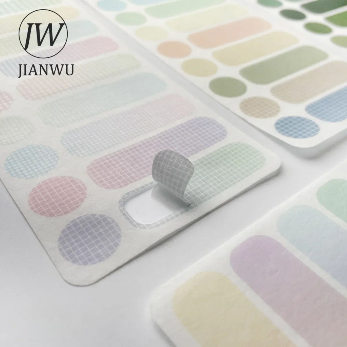 JIANWU 3 Sheets DIY Journal Material Solid Color Plaid Label Sticker INS Scrapbooking Collage Decoration Stationery Stickers