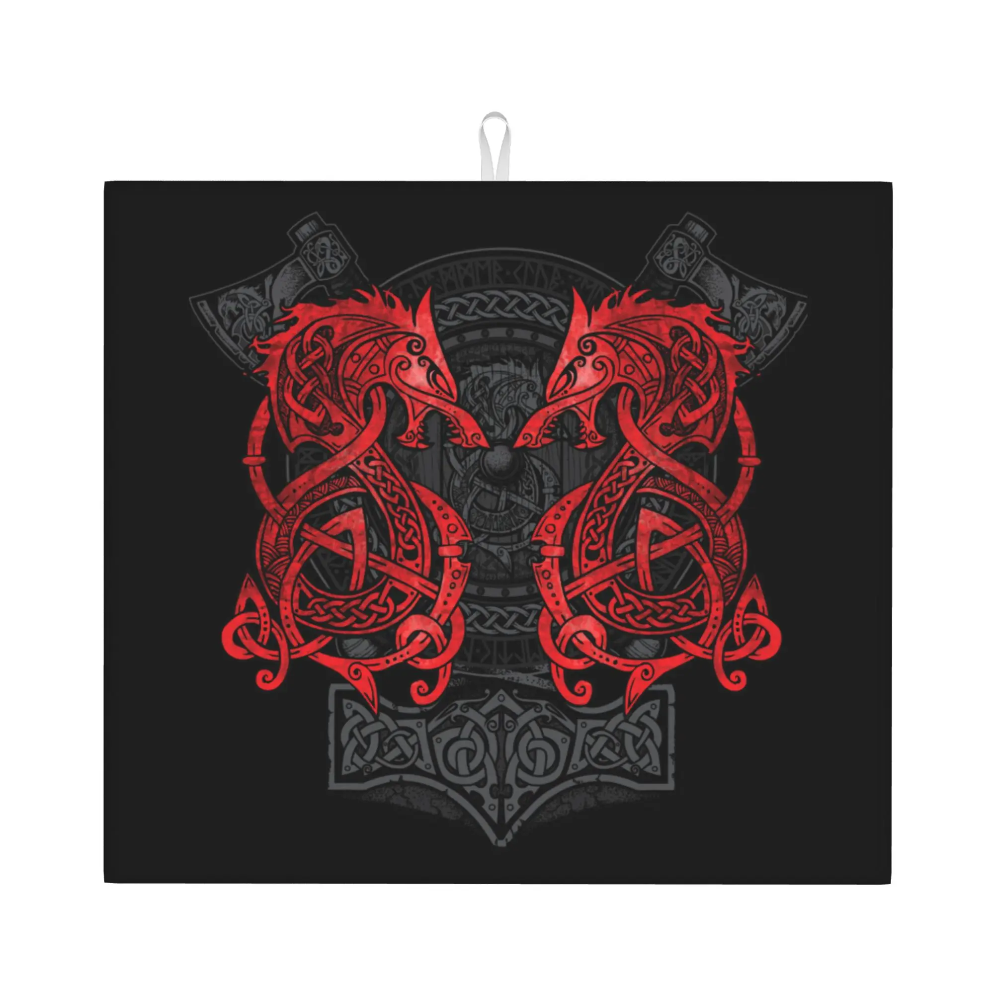 Drying Mat For Kitchen Fighting Fenrir Viking Nordic Monster Wolf Barware Tableware Oil Proof Washable Kitchen Sink Drying Pad