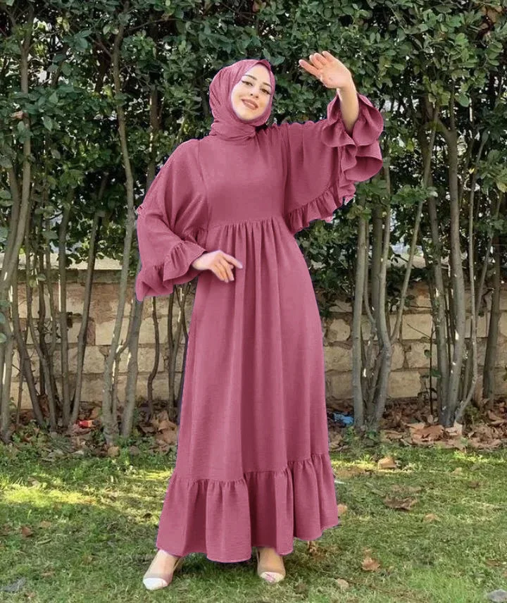 

2023 Fashion Muslim Women Abaya Ruffle Sleeve Maxi Dress Turkey Ramadan Islam Kaftan Arab Robe Morocco Jalabiya Caftan Vestidos