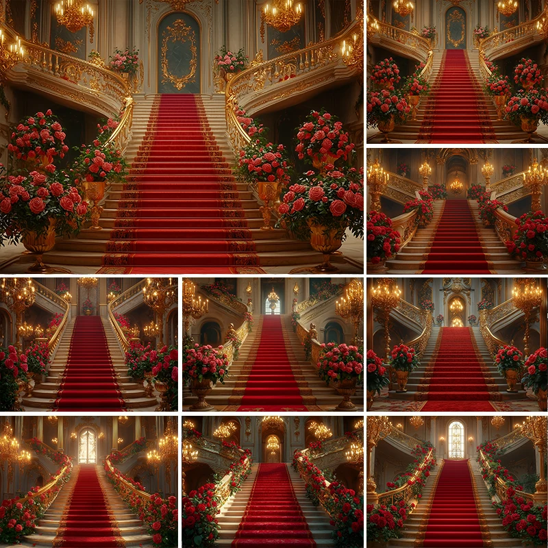 

LS Photography Background Luxurious Castle Palace Carpet Stairs Kids Birthday Wedding Portrait Decor Backdrop Photo Studio