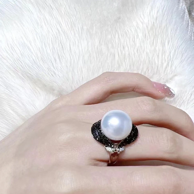 MeiBaPJ Luxurious 11-12mm Big Natural White Pearl Fashion Black Ring 925 Silver Fine Wedding Jewelry for Women Empty Tray