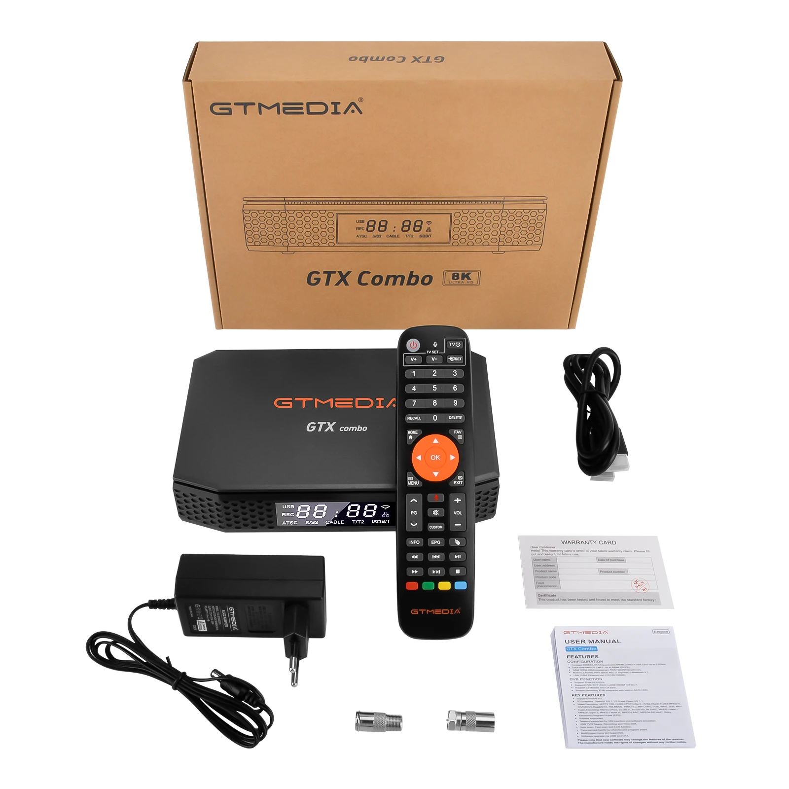 GTMEDIA-Receptor de satélite com decodificador e gravador, GTX COMBO, 4K, 8K, Android 9.0, DVB-S2, T2, C TV Box, 2G + 32G, cartão CA, IC Mais 1,4, IC +