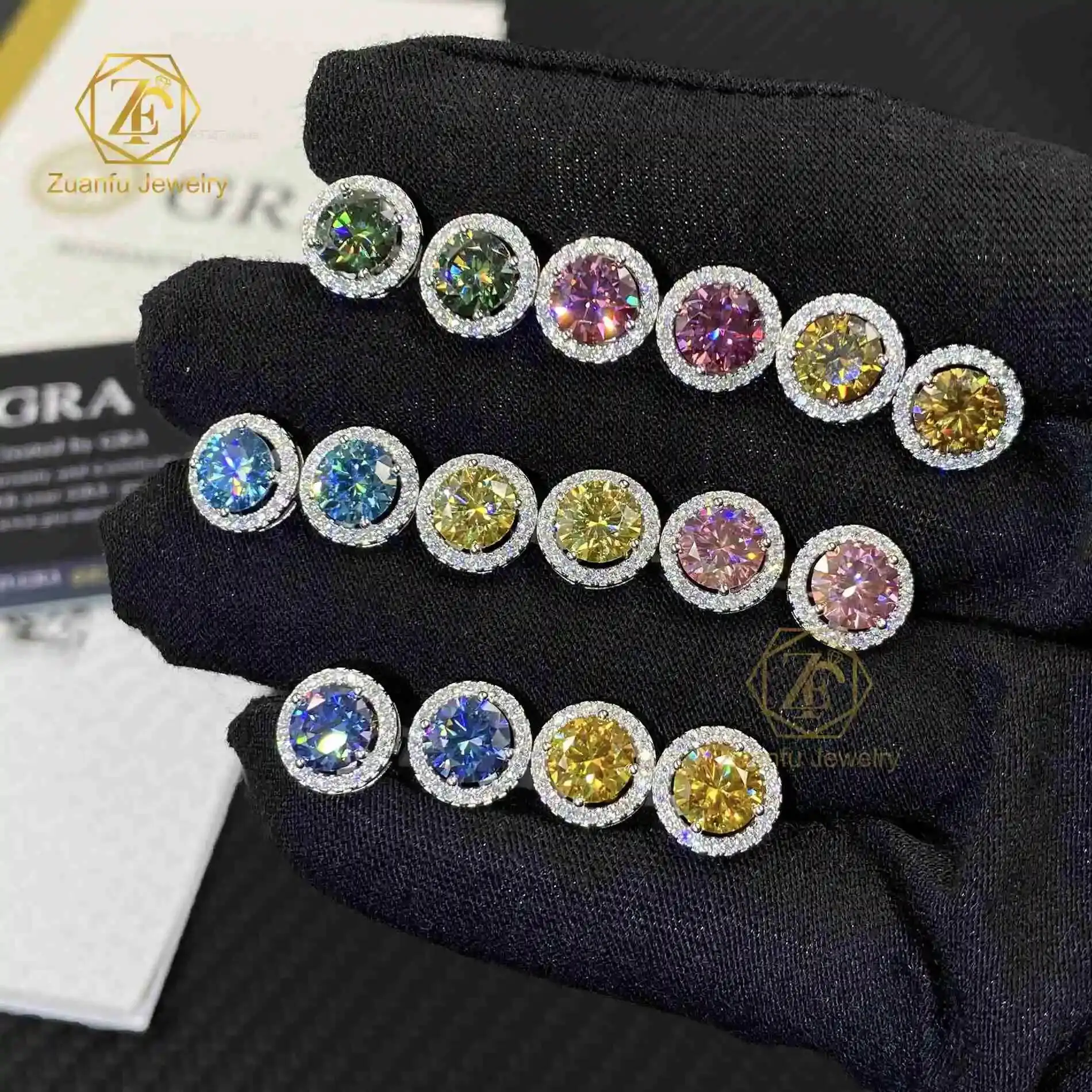 

Hot Selling Fine Jewelry Hip Hop Style 6.5MM 1CT 925 Silver Halo Design Pink Blue Green Yellow Moissanite Diamond Stud Earrings