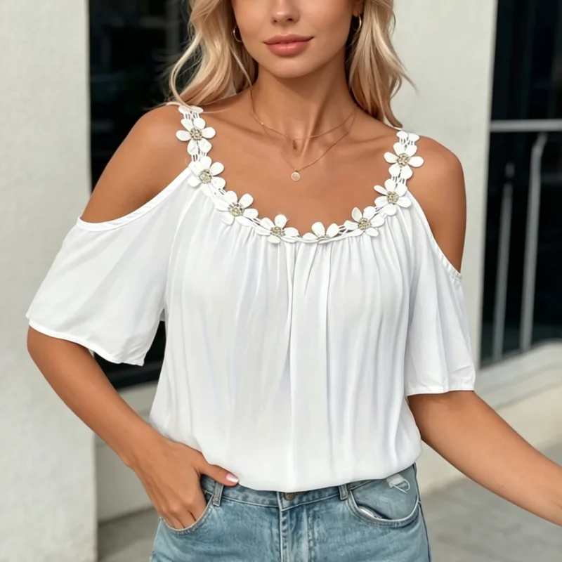 

Fashion Flowers Loose Short Sleeve Shirt Off Shoulder Summer Sexy Women Blouse Ladies Elegant Casual O-neck Loose White Tops