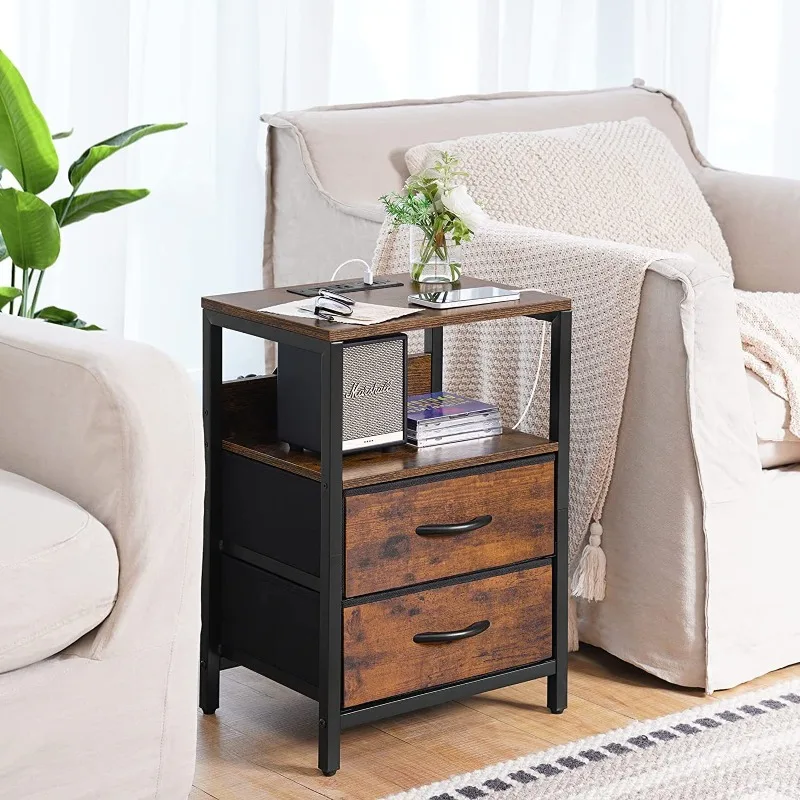 Bedroom Furniture Tiger Wooden Bedhead Cabinet with Charging Station, Double Fabric Drawable Storage Cabinet with Charging