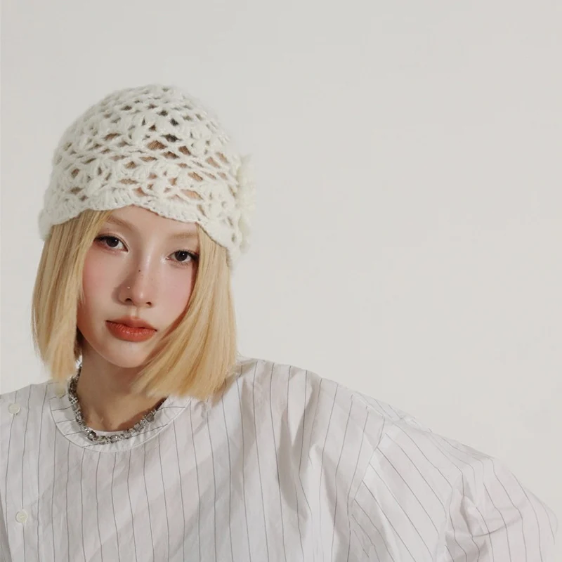 Handmade Crochet Hat Korean Instagram Blogger\'s Beanies Hollowed Out Pullover Hat Three-dimensional Flower Knitted Hat