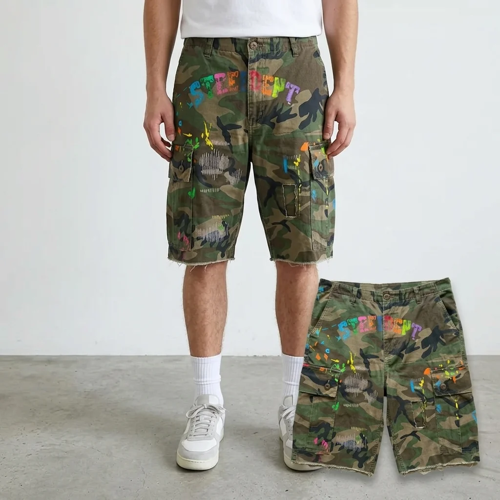 

Men Camo Cargo Shorts Streetwear Paint Splatter Distressed Y2K Hip Hop Vintage Casual Multi-Pocket STREET DEPT Graphic Shorts