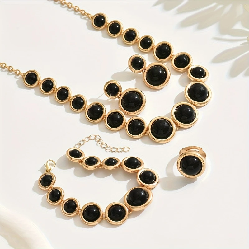 New Fashionable Round Patchwork Necklace Bracelet, Ring Earrings, Women's Personalized Jewelry Set Holiday Accessories